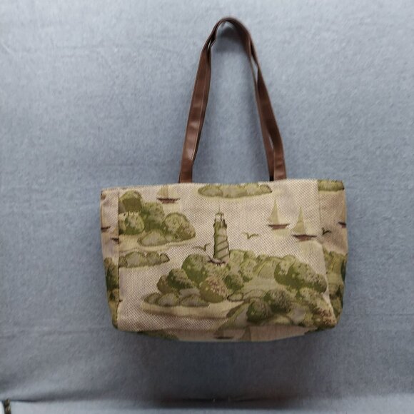 Vintage Lighthouse & Sailboat Tapestry Tote Bag With Brown Handles - Picture 2 of 14
